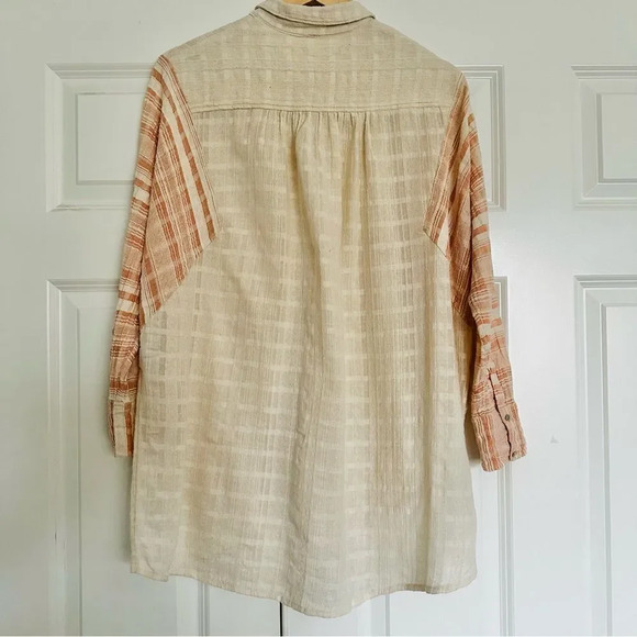 FREE PEOPLE | Orange Cream Ivory Mixed Fabric Shirt Button Down Shacket | Small - Picture 5 of 7